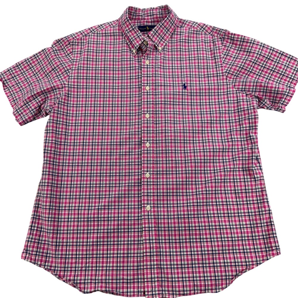 Ralph Lauren Shirt Mens XL Pink Plaid Short Sleeve Button Down Pony Logo Casual